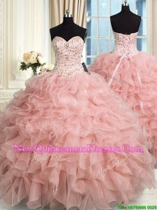 Affordable Sleeveless Lace Up Floor Length Beading and Ruffles Quinceanera Dress