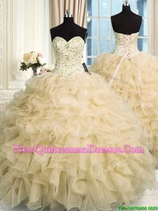 Unique Champagne Organza Lace Up Sweetheart Sleeveless Floor Length Sweet 16 Quinceanera Dress Beading and Ruffles