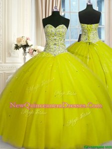 Sleeveless Floor Length Beading and Sequins Lace Up Quinceanera Gowns with Yellow Green