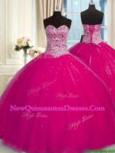 Designer Fuchsia Halter Top Lace Up Beading and Sequins Quinceanera Dresses Sleeveless