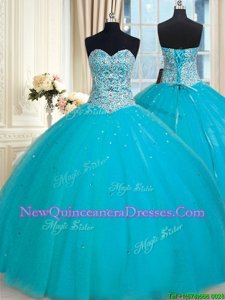 Dynamic Aqua Blue Ball Gowns Tulle Sweetheart Sleeveless Beading and Sequins Floor Length Lace Up Quinceanera Gowns