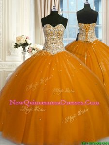 Ideal Gold Tulle Lace Up Sweetheart Sleeveless Floor Length Quinceanera Gown Beading and Sequins