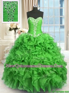 Best Floor Length Green Sweet 16 Dresses Organza Sleeveless Spring and Summer and Fall and Winter Beading and Ruffles