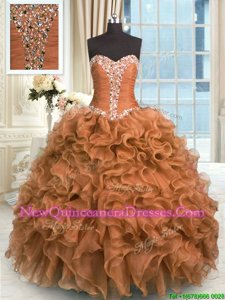 Luxury Brown Organza Lace Up Vestidos de Quinceanera Sleeveless Floor Length Beading and Ruffles