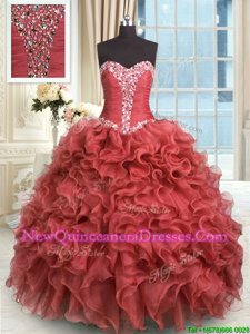 High Class Rust Red Sleeveless Beading and Ruffles Floor Length Quinceanera Dress