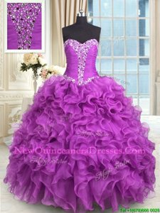 Simple Sweetheart Sleeveless Sweet 16 Dress Floor Length Beading and Ruffles Purple Organza