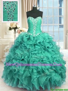 Affordable Turquoise Sleeveless Floor Length Beading and Ruffles Lace Up 15th Birthday Dress