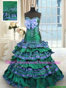 Designer Mermaid Sweetheart Sleeveless Quinceanera Dress Brush Train Appliques and Embroidery and Ruffled Layers and Bowknot Dark Green Taffeta