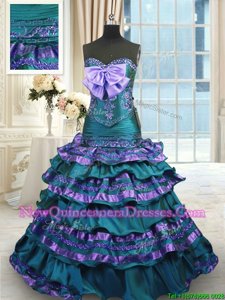 Cheap Mermaid Taffeta Sweetheart Sleeveless Sweep Train Lace Up Appliques and Ruffled Layers and Bowknot Vestidos de Quinceanera inPeacock Green