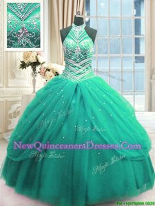 Excellent High-neck Sleeveless Quince Ball Gowns Floor Length Beading Turquoise Tulle