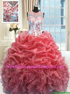 Flare Scoop Watermelon Red Sleeveless Floor Length Beading and Ruffles Zipper 15 Quinceanera Dress