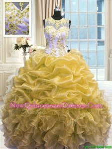 Beauteous Gold Ball Gowns Scoop Sleeveless Organza Floor Length Zipper Beading and Ruffles Quinceanera Gown