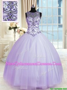 Pretty Lavender Ball Gowns Tulle Scoop Sleeveless Beading Floor Length Lace Up Sweet 16 Quinceanera Dress