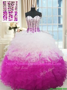 Unique Organza Sweetheart Sleeveless Lace Up Beading and Ruffles Sweet 16 Dresses in White and Fuchsia