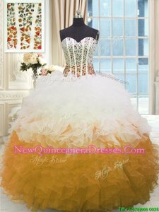 Best Selling White and Gold Quinceanera Dresses Military Ball and Sweet 16 and Quinceanera and For withBeading and Ruffles Sweetheart Sleeveless Lace Up