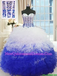 Free and Easy Ball Gowns Quinceanera Dress Blue And White Sweetheart Organza Sleeveless Floor Length Lace Up