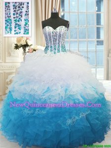 Flare Blue And White Sleeveless Organza Lace Up 15th Birthday Dress for Military Ball and Sweet 16 and Quinceanera