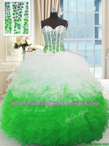 Captivating White and Green Sleeveless Beading and Ruffles Floor Length Quinceanera Gowns