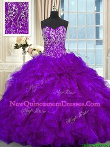 Sumptuous Organza Sweetheart Sleeveless Brush Train Lace Up Beading and Ruffles 15 Quinceanera Dress inPurple