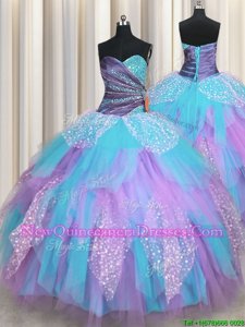 Inexpensive Spring and Summer and Fall and Winter Tulle Sleeveless Floor Length Sweet 16 Dresses andBeading and Ruching