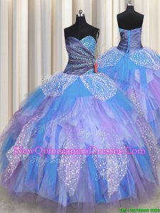 Delicate Multi-color Ball Gowns Sweetheart Sleeveless Tulle Floor Length Lace Up Beading and Ruching Quinceanera Dresses