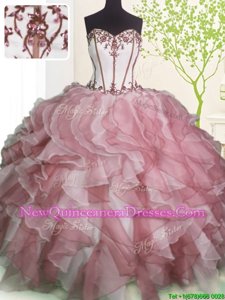 On Sale Sleeveless Floor Length Ruffles Lace Up Ball Gown Prom Dress with Pink And White