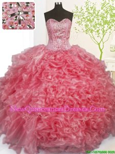 Dazzling Pick Ups Sweetheart Sleeveless Lace Up Sweet 16 Dress Rose Pink Organza