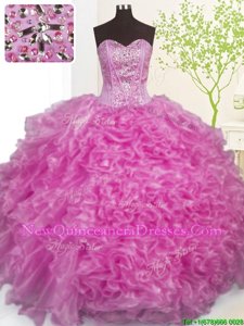 Sweet Lilac Ball Gowns Sweetheart Sleeveless Organza Floor Length Lace Up Beading and Ruffles and Pick Ups 15th Birthday Dress