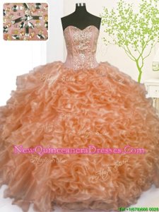 Excellent Peach Sweetheart Lace Up Beading and Ruffles and Pick Ups Quinceanera Gown Sleeveless