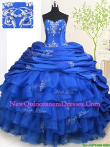 Noble Pick Ups Ruffled Brush Train Ball Gowns Quinceanera Dresses Royal Blue Strapless Organza and Taffeta Sleeveless With Train Lace Up