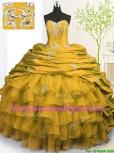 Great Gold Sleeveless Brush Train Beading and Appliques and Ruffled Layers and Pick Ups With Train Ball Gown Prom Dress