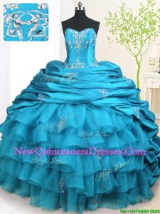 Teal Lace Up Strapless Beading and Appliques and Ruffled Layers and Pick Ups 15th Birthday Dress Organza and Taffeta Sleeveless Brush Train