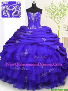 Chic Royal Blue Lace Up Strapless Beading and Appliques and Ruffled Layers and Pick Ups Quinceanera Dress Organza and Taffeta Sleeveless Brush Train