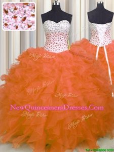 Orange Ball Gown Prom Dress Military Ball and Sweet 16 and Quinceanera and For withBeading and Ruffles Sweetheart Sleeveless Lace Up