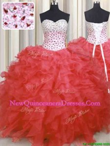 Beauteous Watermelon Red Lace Up Sweetheart Beading and Ruffles Sweet 16 Dresses Organza Sleeveless