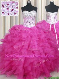 Ball Gowns 15 Quinceanera Dress Hot Pink Halter Top Organza Sleeveless Floor Length Lace Up