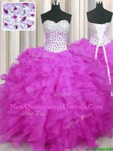 Noble Fuchsia Ball Gowns Sweetheart Sleeveless Organza Floor Length Lace Up Beading and Ruffles Quinceanera Gown