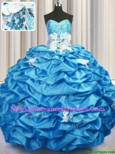 Sexy Sweetheart Sleeveless Sweet 16 Dresses With Brush Train Appliques and Sequins and Pick Ups Aqua Blue Taffeta