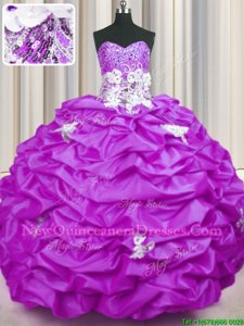 Adorable Sleeveless With Train Appliques and Sequins and Pick Ups Lace Up Quinceanera Dresses with Lilac Brush Train