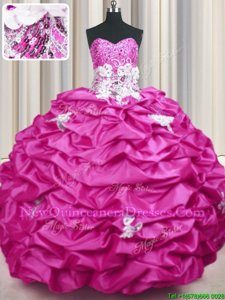 Romantic Sequins Pick Ups Sweetheart Sleeveless Sweep Train Lace Up Sweet 16 Dress Fuchsia Taffeta