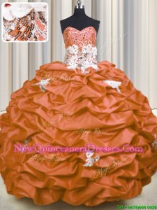 Sophisticated Orange Lace Up Sweetheart Appliques and Sequins and Pick Ups Sweet 16 Dresses Taffeta Sleeveless Brush Train