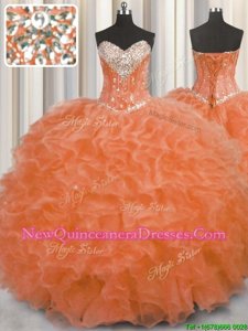 Artistic Orange Sweetheart Lace Up Beading and Ruffles Quince Ball Gowns Sleeveless