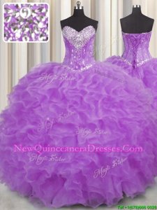 Luxurious Halter Top Beading and Ruffles Ball Gown Prom Dress Purple Lace Up Sleeveless Floor Length