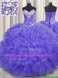 Noble Floor Length Lace Up 15 Quinceanera Dress Lavender and In for Military Ball and Sweet 16 and Quinceanera withBeading and Ruffles