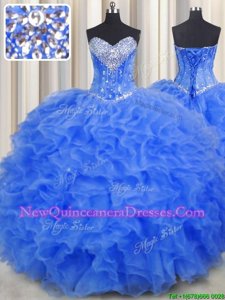 Sumptuous Sweetheart Sleeveless Sweet 16 Dress Floor Length Beading and Ruffles Royal Blue Organza