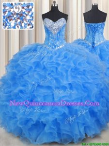 Exceptional Baby Blue Organza Lace Up Sweetheart Sleeveless Floor Length Ball Gown Prom Dress Beading and Ruffles