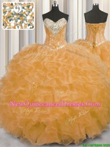 Superior Ball Gowns Quince Ball Gowns Orange Sweetheart Organza Sleeveless Floor Length Lace Up