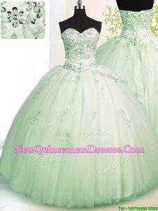 Custom Fit Apple Green Sleeveless Tulle Lace Up Quinceanera Dresses for Military Ball and Sweet 16 and Quinceanera