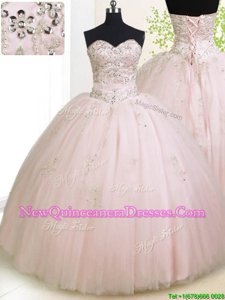 Fashion Rose Pink Sweetheart Lace Up Beading and Appliques Ball Gown Prom Dress Sleeveless