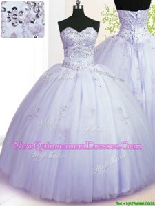 Floor Length Lace Up Vestidos de Quinceanera Lavender and In for Military Ball and Sweet 16 and Quinceanera withBeading and Appliques